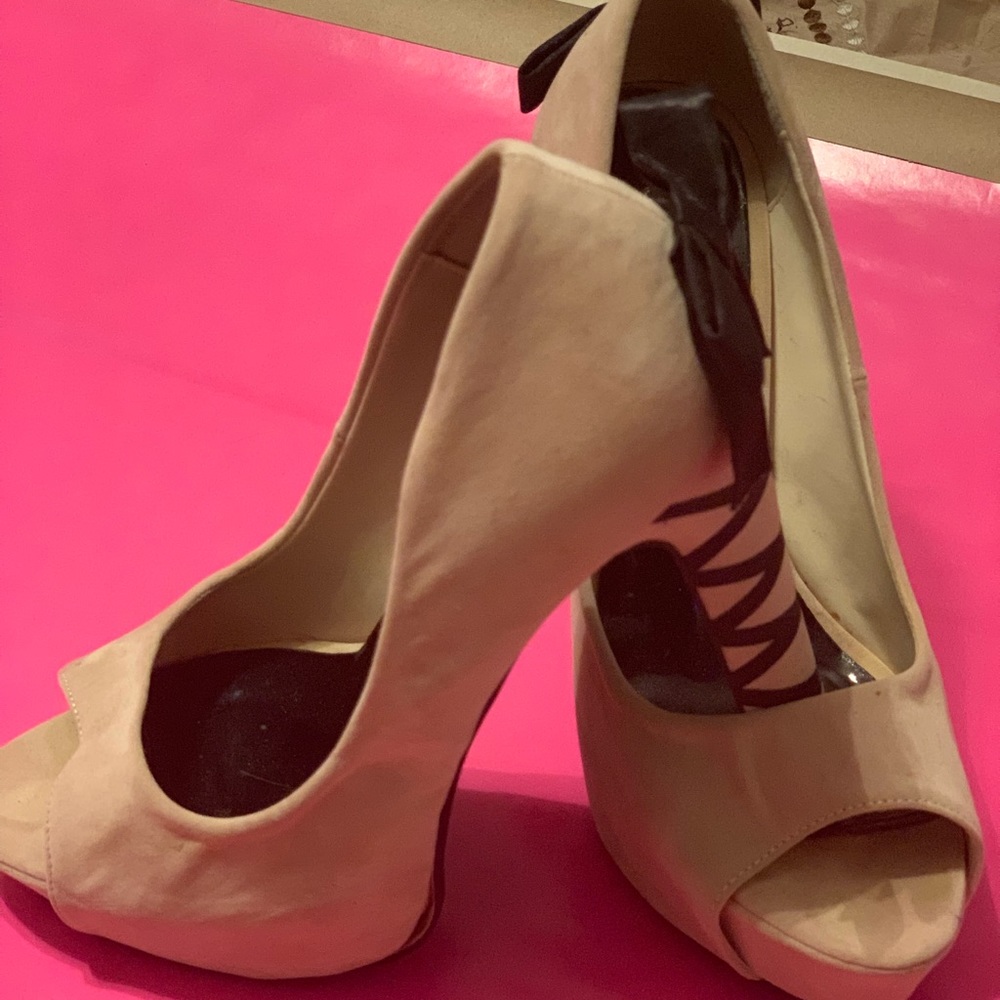 Qupid Nude Suede Peep Toe Heels